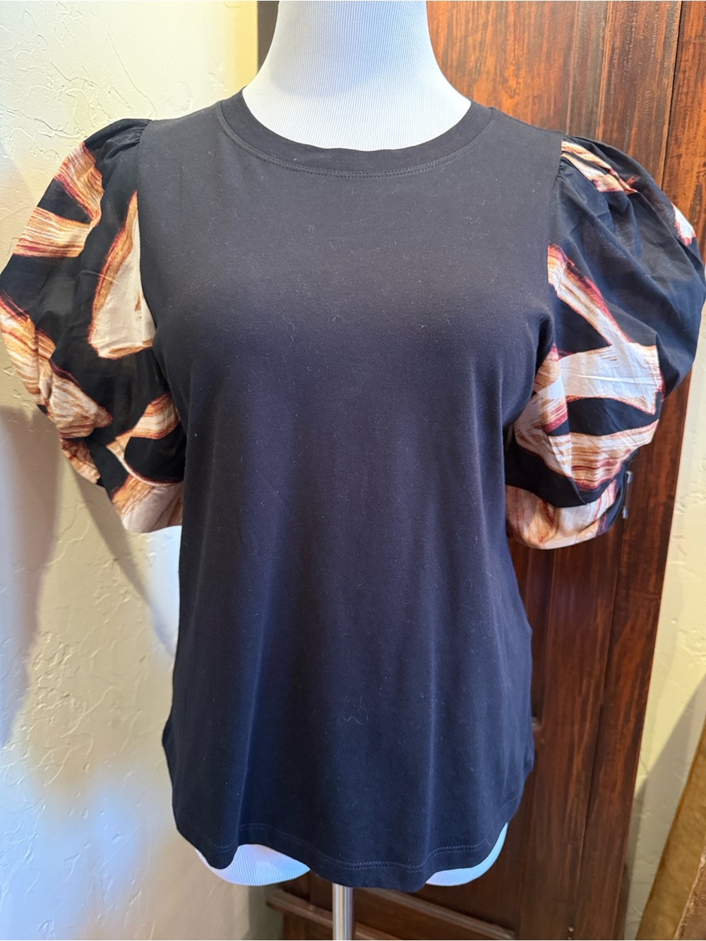 DKNY Black Tee with Brown and Cream Patterned Puff Sleeves